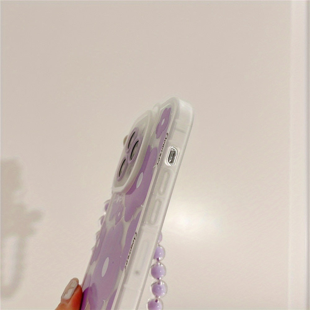 Luxury Cute Transparent Purple Bear Ear Egg Flower Soft Phone Case for iPhone 11 14 Pro Max 12 Pro 13 11 Pro Max 7 8 Plus Clear Cover with Flower Chain Lanyard